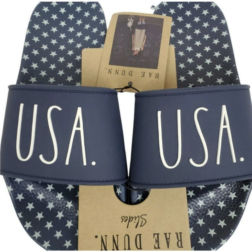 Rae Dunn USA Women's Slides Sandals Navy White Patriotic Stars Size 9 NWT Summer